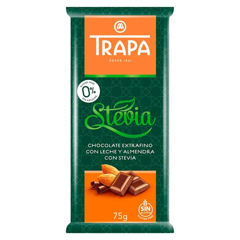 Шоколад молочний без цукру і без глютену Trapa Stevia з мигдалем 75г Іспанія