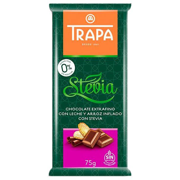 Шоколад молочний без цукру і без глютену Trapa Stevia з повітряним рисом 75г Іспанія