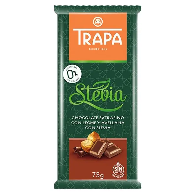 Шоколад молочний без цукру і без глютену Trapa Stevia з фундуком 75г Іспанія