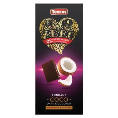 Шоколад без цукру і глютену Torras ZERO чорний з кокосом Іспанія 125г