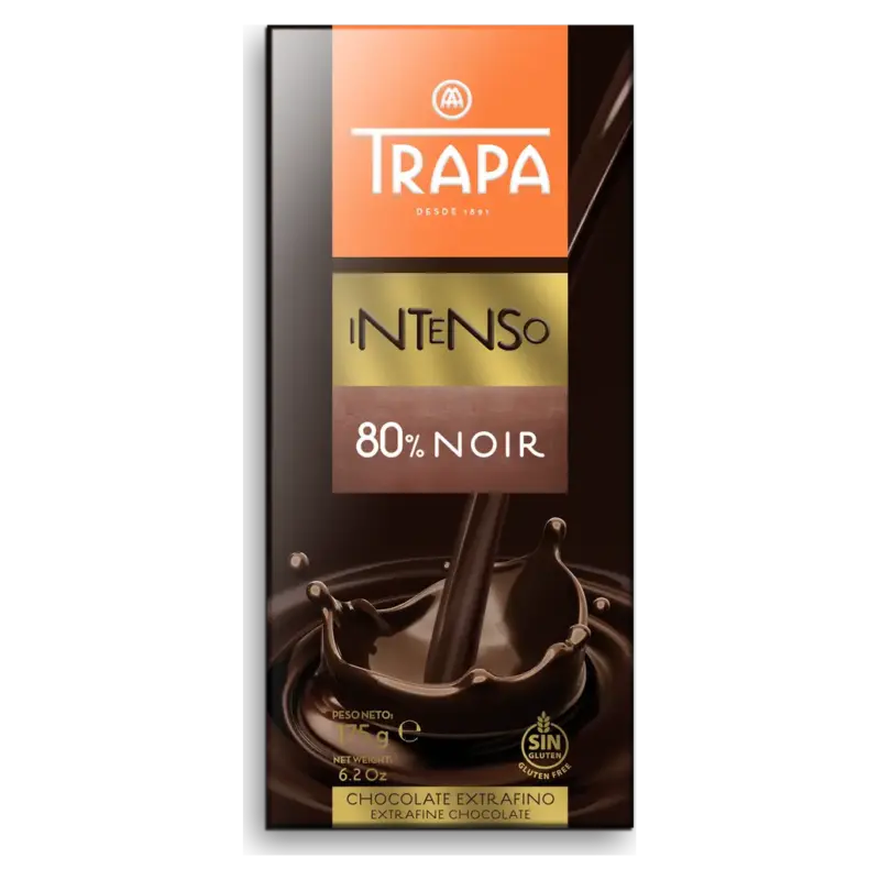 Шоколад чорний без глютену 80% какао Intenso Trapa Іспанія 175г