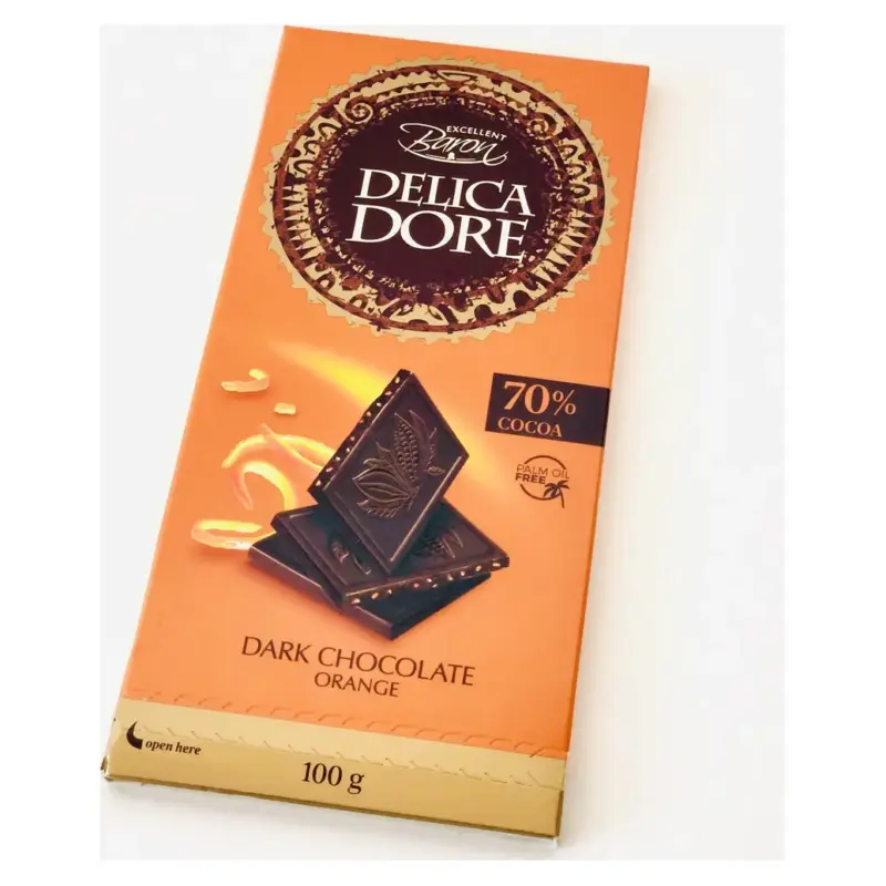 Шоколад чорний з апельсином без пальмової олії Delicadore Orange 70% Baron 100г