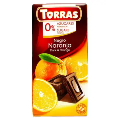 Шоколад без цукру та глютену Torras чорний зі шматочками апельсина Іспанія 75 г