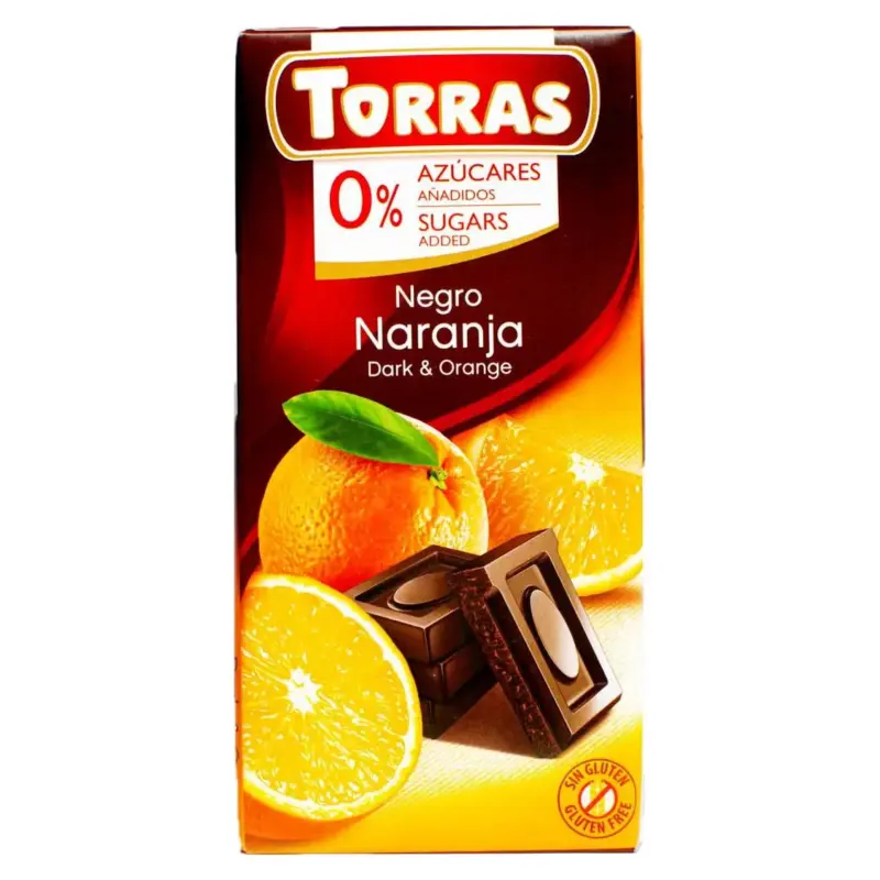 Шоколад без цукру і глютену Torras чорний з шматочками апельсина Іспанія 75г