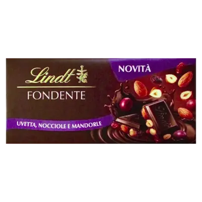 Шоколад чорний із фундуком, мигдалем, родзинками Lindt fondente uvetta nocciole mandorle 100 г Швейцарія