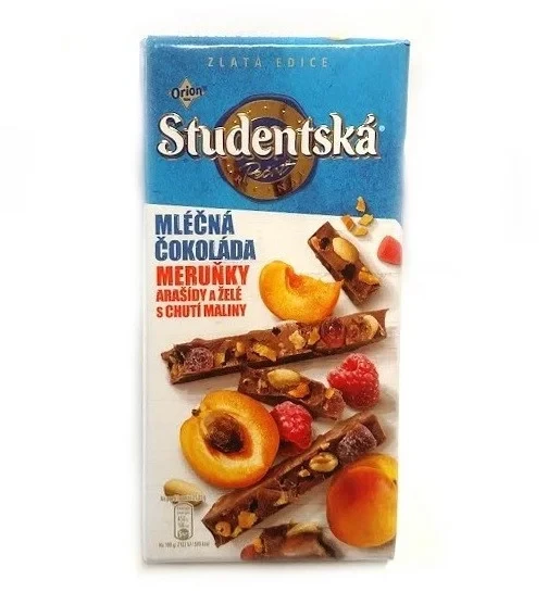 Шоколад молочної Studentska Pecet з абрикосом, маліною і арахісом 170 р Чехія