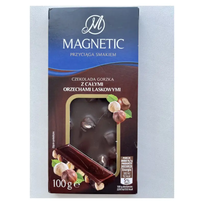 Шоколад чорний БЕЗ ДОДАВАННЯ ЦУКРУ з цільним фундуком Magnetic 100г