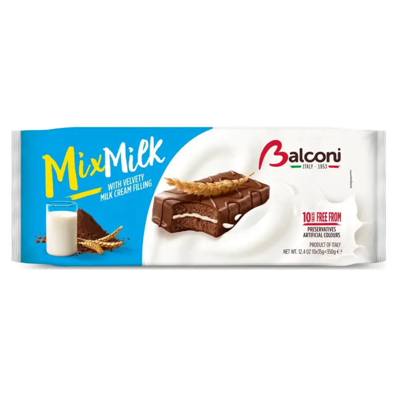 Бісквітне шоколадне тістечко з молочним кремом Balconi Mix Milk (10х35г) 350г Італія