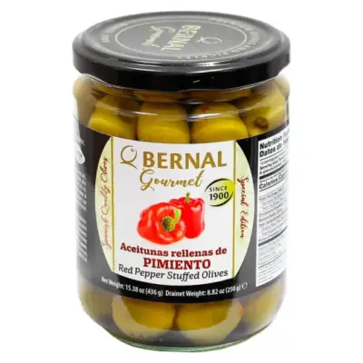 Оливки зелені з червоним перцем БЕЗ ГЛЮТЕНУ Bernal Gourmet  Red Papper stuffed Olives 436г Іспанія