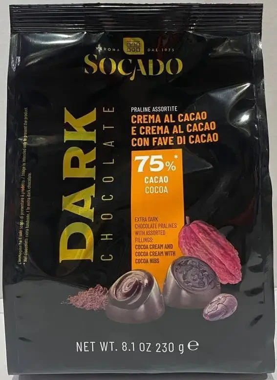 Цукерки асорті екстра-темного шоколаду з начинкою какао Socado Dark Chocolate Crema al Cacao 230г Італія