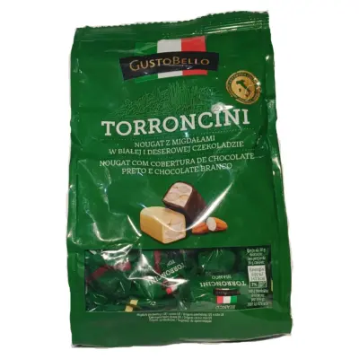 Цукерки нуга з мигдалем у білому та чорному шоколаді GustoBello Torroncini 180г Італія