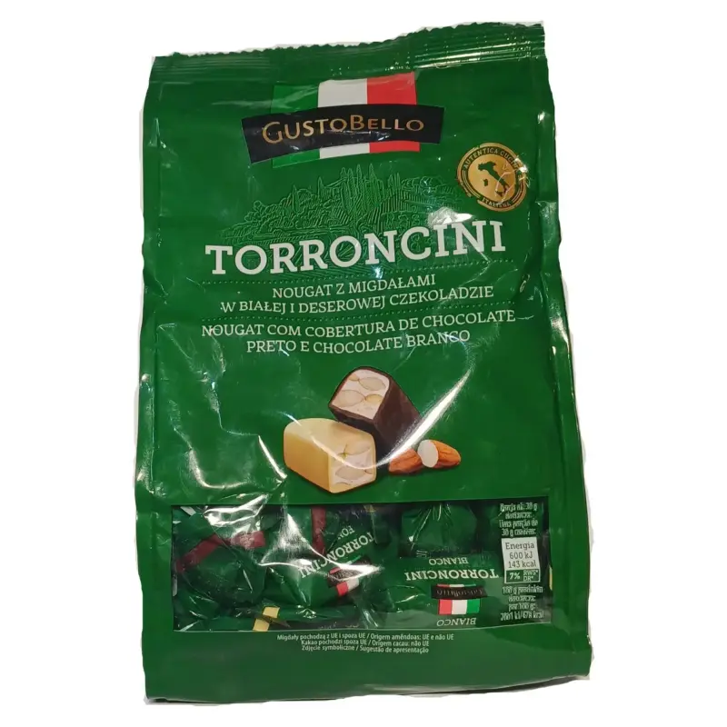 Цукерки нуга з мигдалем у білому та чорному шоколаді GustoBello Torroncini 180г Італія