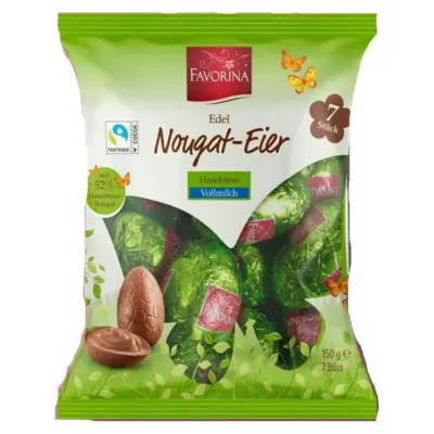 Шоколадні молочні яйця з начинкою нуга з фундука Favorina Edel Nougat-Eier Haselnuss 150 г Німеччина