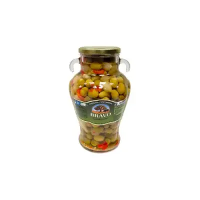 Оливки зелені БЗ ГЛЮТЕНА з перцем, огірками та цибулею Bravo Gazpacha pimiento 2,5 кг/1.2кг Іспанія