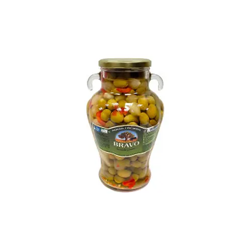 Оливки зелені БЗ ГЛЮТЕНА з перцем, огірками та цибулею Bravo Gazpacha pimiento 2,5 кг/1.2кг Іспанія