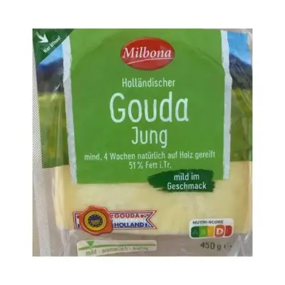 Сир БЕЗ ЛАКТОЗИ Milbona Gouda Holland Jung 48% Mild im Geschmack 450 г Німеччина