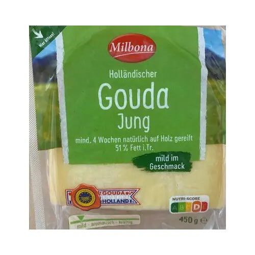 Сир БЕЗ ЛАКТОЗИ Milbona Gouda Holland Jung 48% Mild im Geschmack 450 г Німеччина