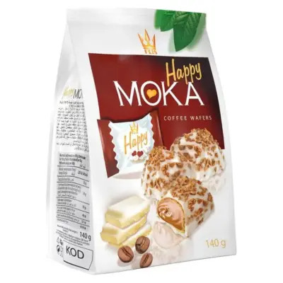 Вафельні цукерки з кавовою начинкою в білому шоколаді Happy Moka 140 г Польща
