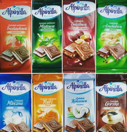 Шоколад alpinella 8 смаків в асортименті. Польща 100 г. ОТ 50 ШТ.