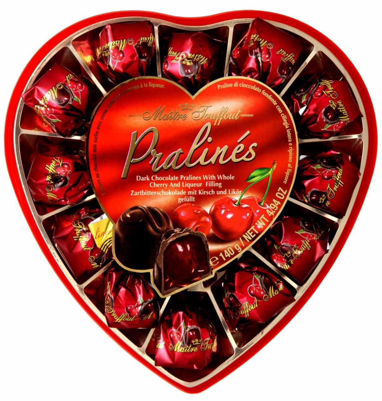 Цукерки Pralines (Праліне вишня з лікером в чорному шоколаді) Maitre Truffout Австрія 140г