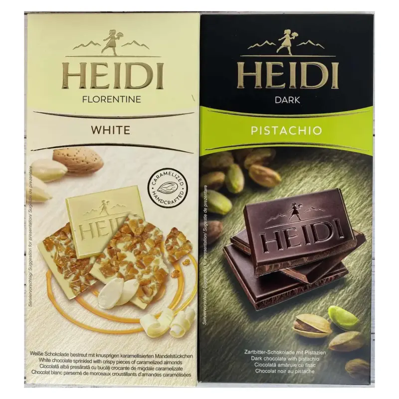 Шоколад (2 шт.) з карамелізованим шаром мигдалю Florentine 100 г і темний з Фісташкою 80 г Heidi Румунія