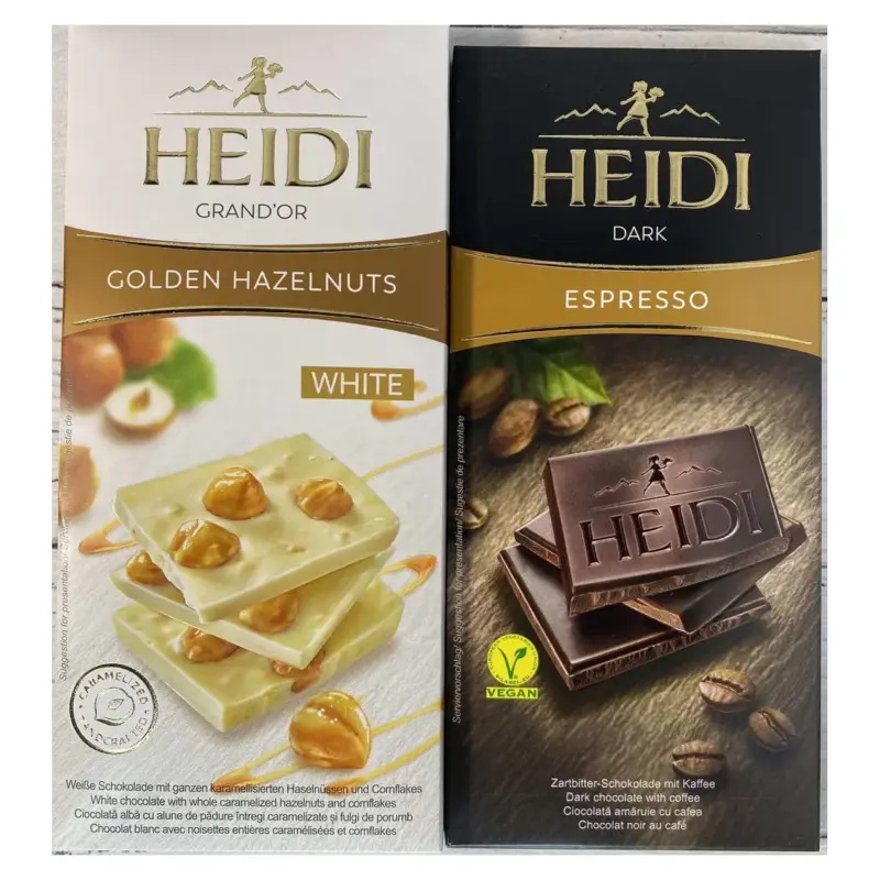 Шоколад (2 шт.) білий із цілісним фундуком 100 г і темний Еспресо 80 г Heidi Румунія