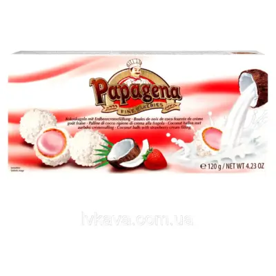 Кокосові цукерки Papagena (вафельні кульки в кокосі з полуничним кремом усередині) Австрія 120г