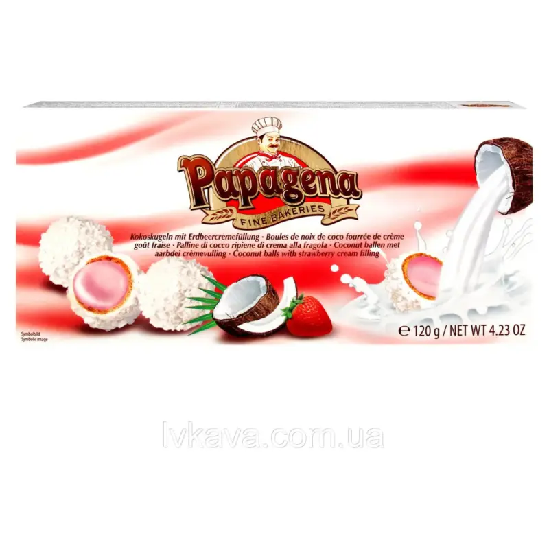 Кокосові цукерки Papagena (вафельні кульки в кокосі з полуничним кремом усередині) Австрія 120г