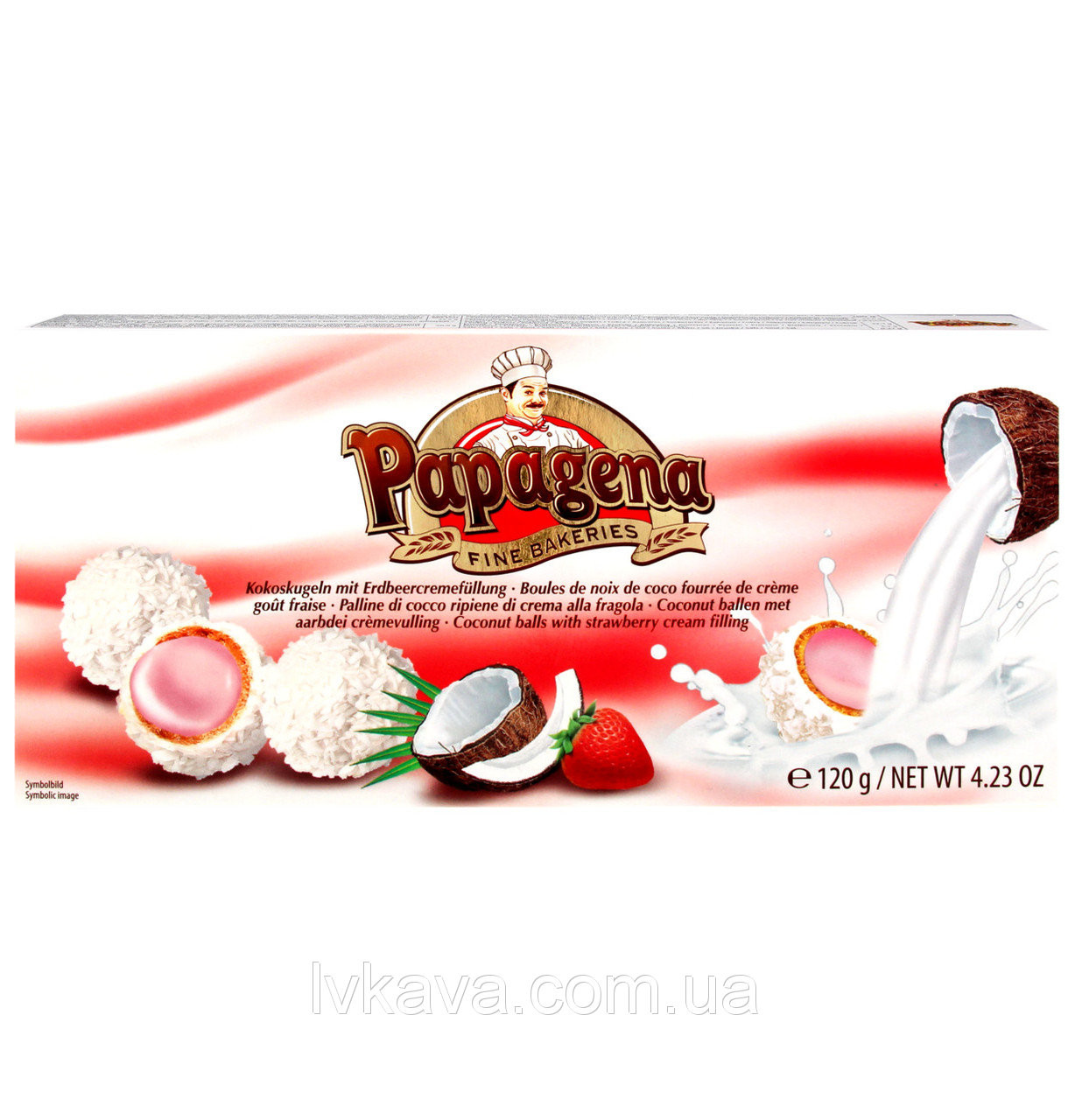 Кокосові цукерки Papagena (вафельні кульки в кокосі з полуничним кремом усередині) Австрія 120г