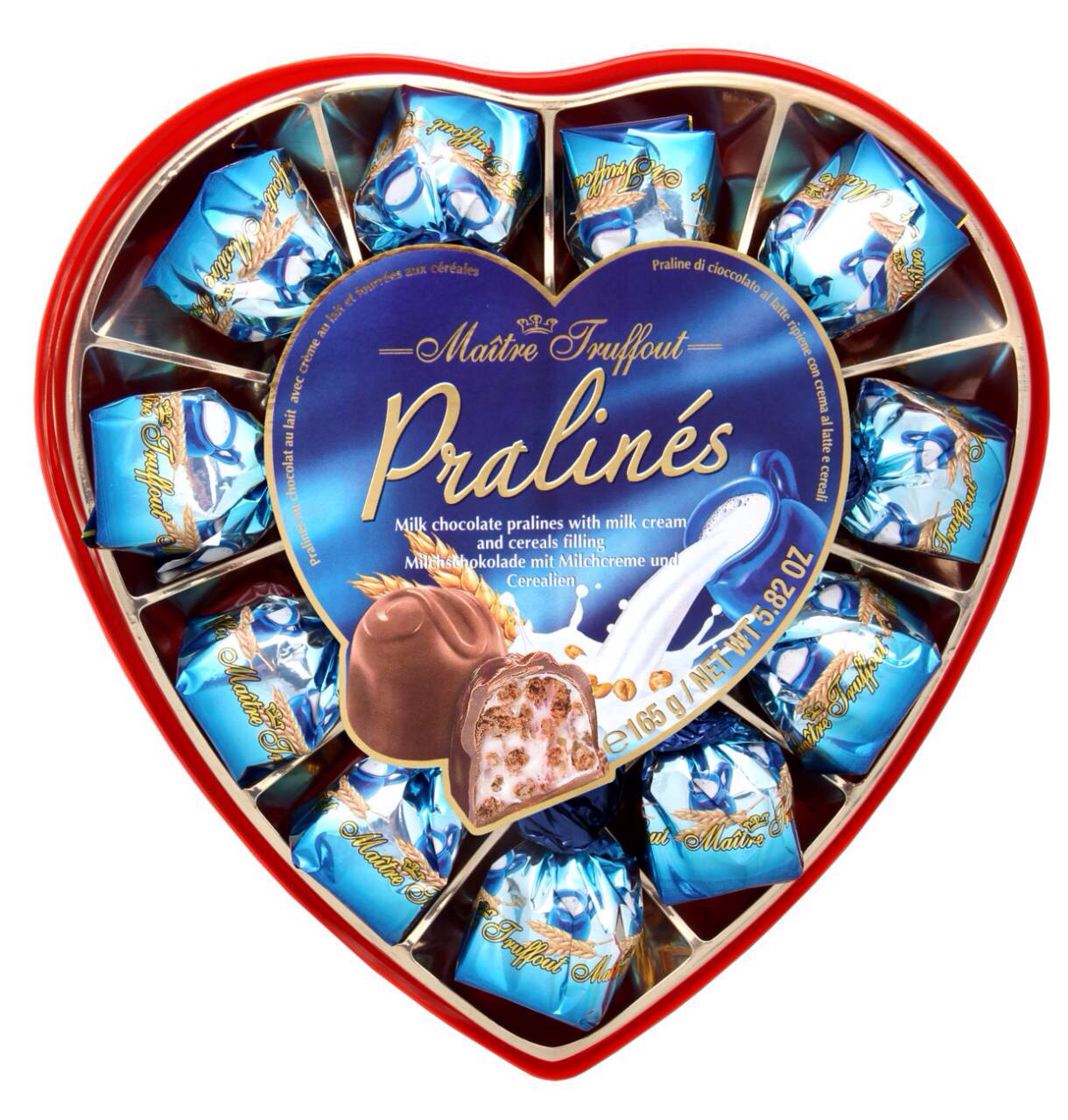 Цукерки Pralines (Праліні з зерновими серцями в молочному шоколаді) Maitre Truffout Австрія 165г