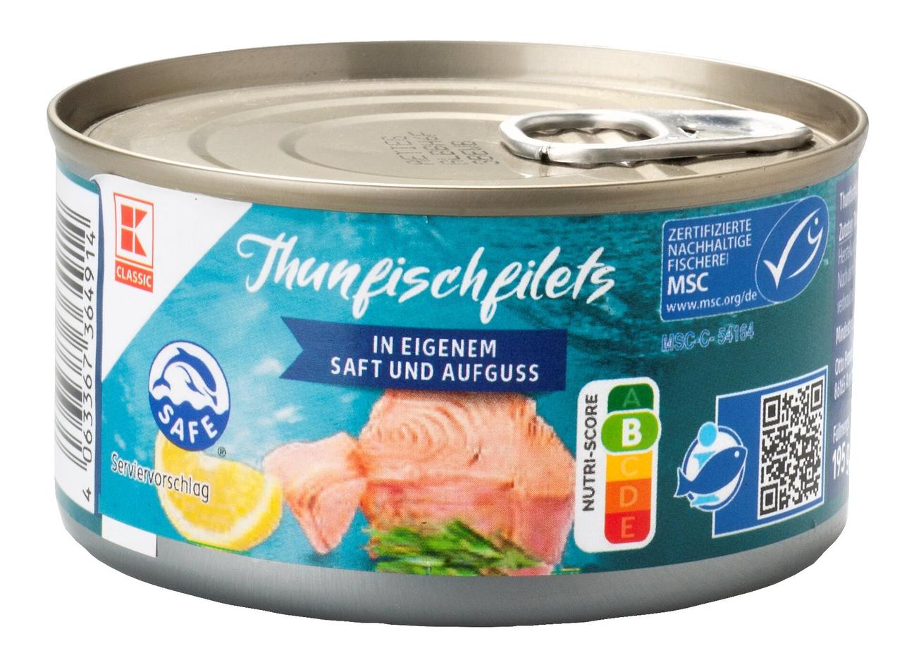 Тунець шматочками у власному соку K-Classic Thunfischfilets in eigenem Saft und Aufguss 195 г Польща