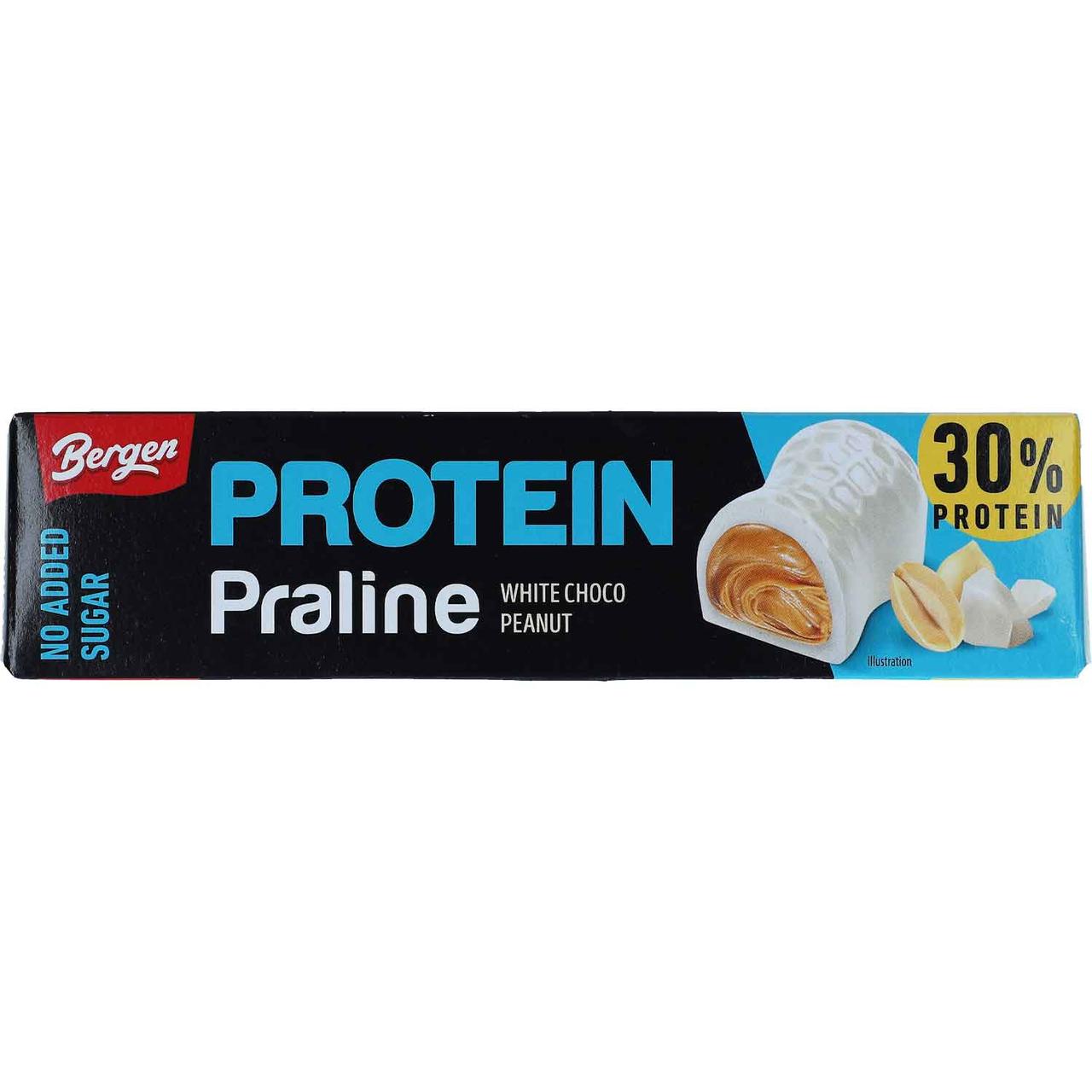 Протеїновий десерт БЕЗ ЦУКРУ в білому шоколаді Bergen Protein Praline Whit Choco Penanut 50г Польща