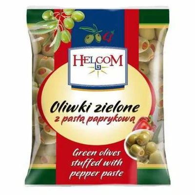 Оливки зелені фаршировані паприкою Helcom Oliwki Zielone z pastą paprykowa 195/70г Польща