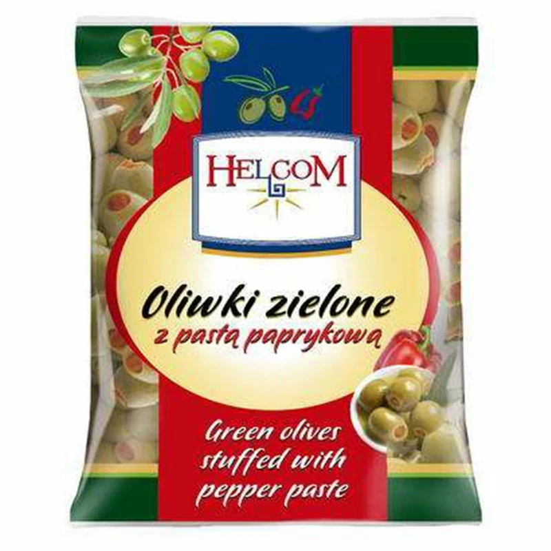 Оливки зелені фаршировані паприкою Helcom Oliwki Zielone z pastą paprykowa 195/70г Польща