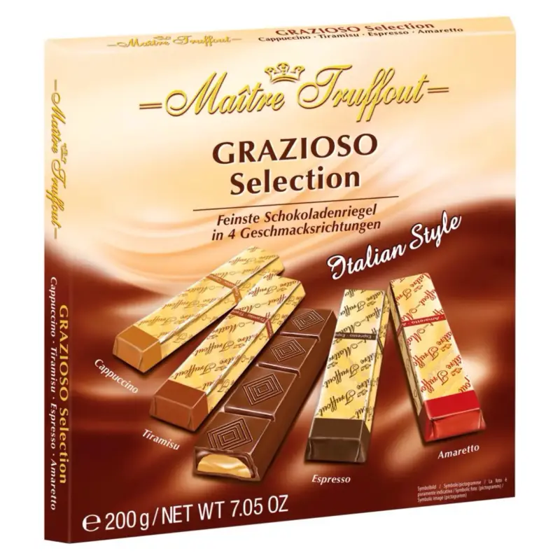 Шоколад Maitre Truffout Grazioso Австрія 200 г (4 смаки в одному пакованні… амарето, еспресо, стирамісу, капуч
