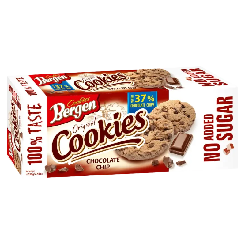 Вівсяне печиво з шоколадною крихтою БЕЗ ЦУКРУ Bergen original Cookies Chocolate Chip 130г Польща