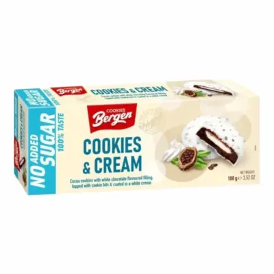 Печиво шоколадне з ванільним кремом у білому шоколаді БЕЗ ЦУКРУ Bergen Cookies & Cream 128г Польща