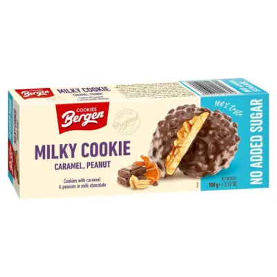Печиво з арахісом та карамеллю в глазурі БЕЗ ЦУКРУ Bergen Milky Cookie Caramel, Peanut 100г Польща