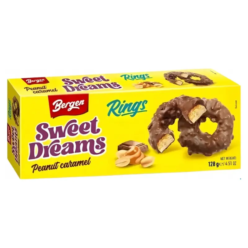 Печиво в шоколаді з арахісом та карамеллю Bergen Sweet Dreams Rings Peanut Caramel ​​ 128г Польща