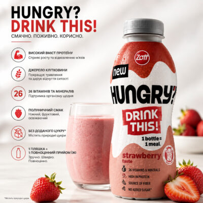 Молочний напій БЕЗ ЛАКТОЗИ зі смаком полуниці  Zott Hungry? Полуниця 500 г Німеччина