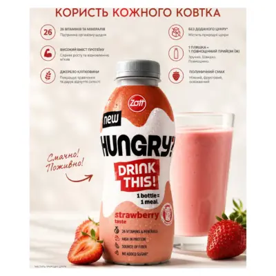 Молочний напій БЕЗ ЛАКТОЗИ зі смаком полуниці  Zott Hungry Полуниця 500 г Німеччина